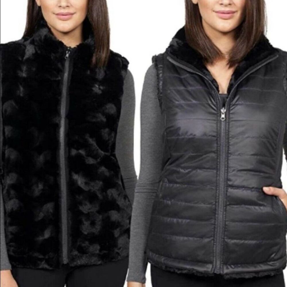 Nicole Miller Original Womens Black Vest Sz. Medium Reversible Faux Fur Classic